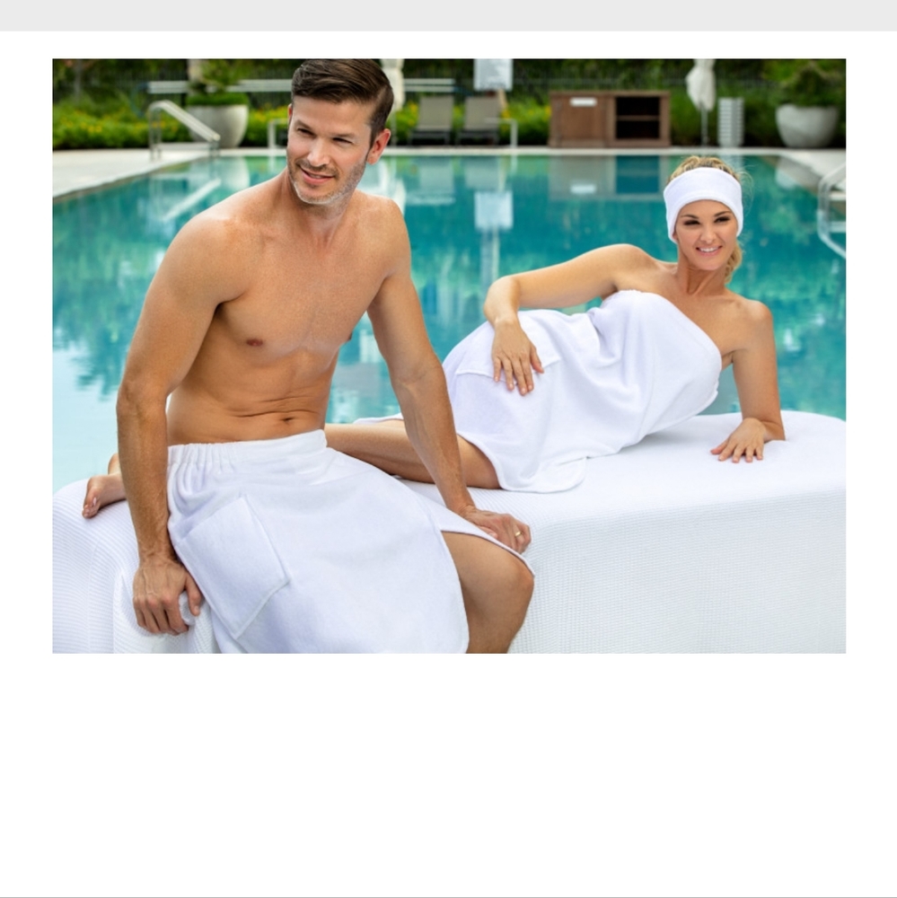 White terry cloth velour bath spa wrap button snaps and elastic unisex